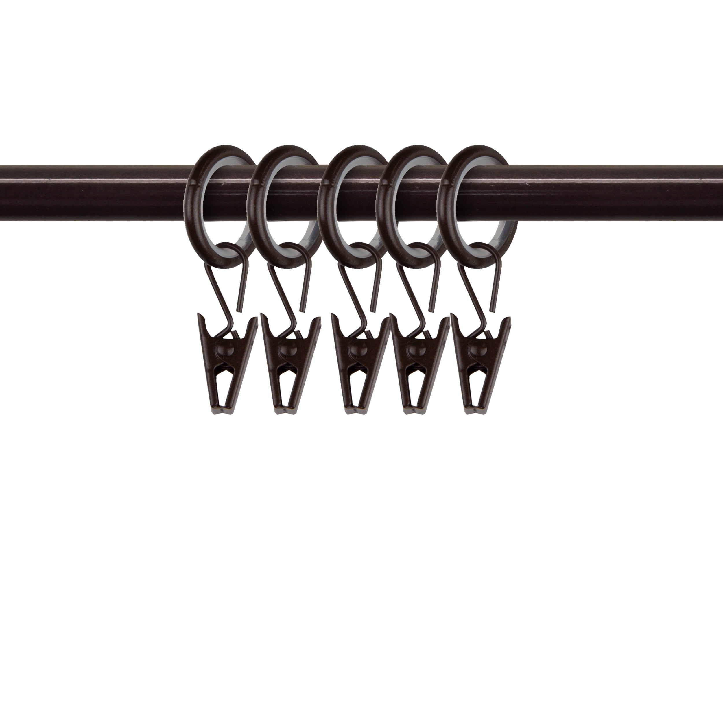 PlusCasa Noise-Canceling 9/16 inch Cocoa Curtain Rings with Clips (10 Count)