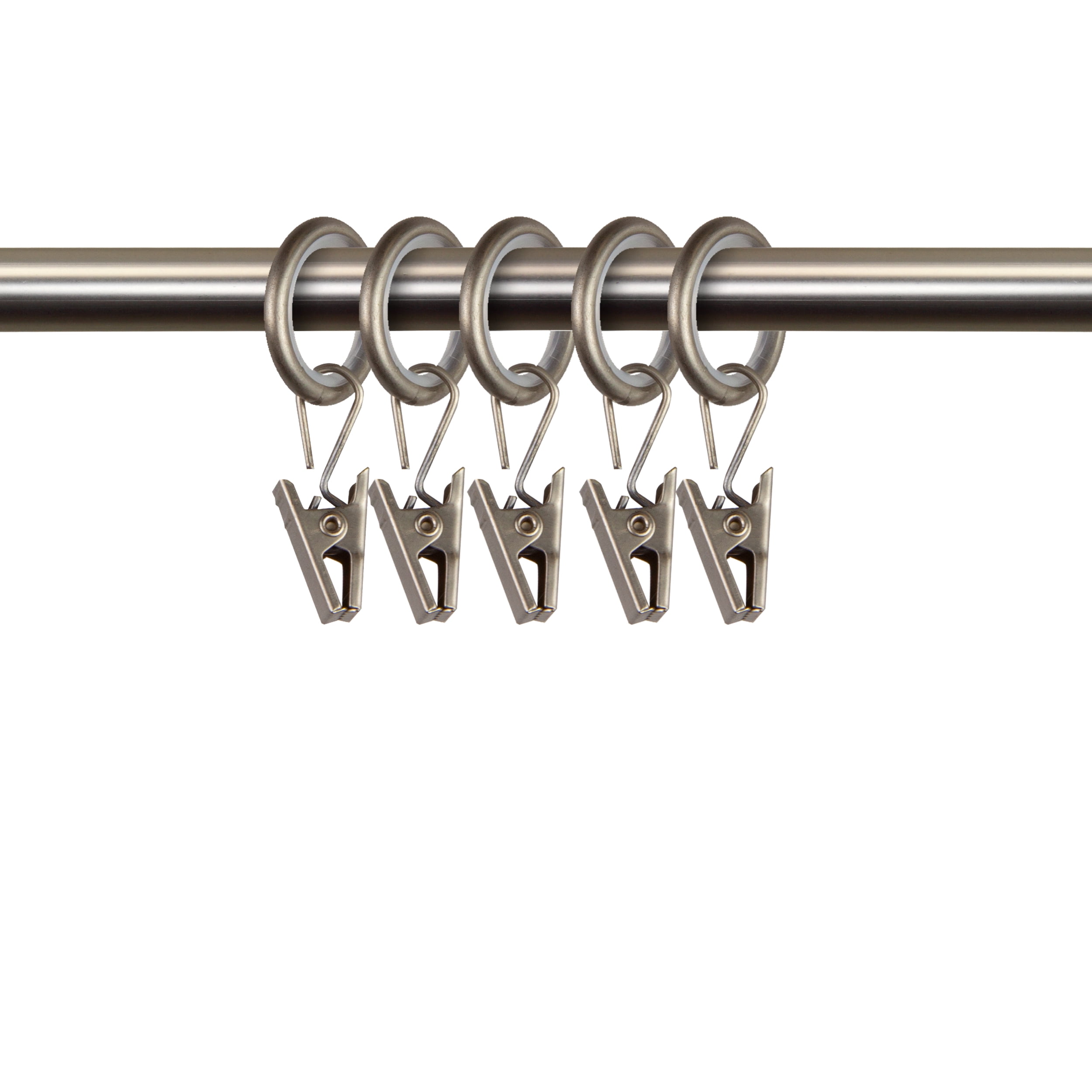 PlusCasa Noise-Canceling 9/16 inch Satin Nickel Curtain Rings with Clips (10 Count)