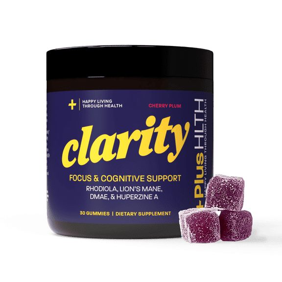 PlusHLTH Clarity Gummy Cherry Plum 30 Count - Non-GMO, Gluten-Free, Vegan - Rhodiola, Lion's Mane, DMAE and Huperzine A for Adults - Natural Brain Support Supplement