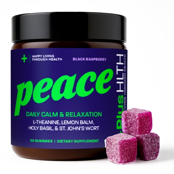 PlusHLTH Peace Gummy Black Raspberry 30ct for Adults - Gluten Free, Soy Free, Non-GMO with Lemon Balm & Holy Basil - Friendly Stress Gummies for Relaxation