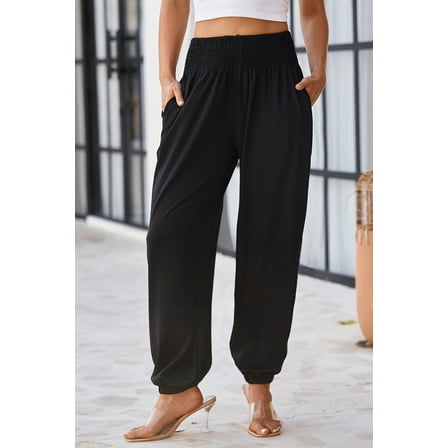 Plusashion Black Smocked Joggers: Sleek, High Waist, Versatile Fit