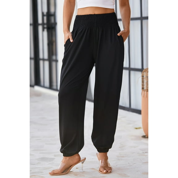 Plusashion Black Smocked Joggers: Sleek, High Waist, Versatile Fit