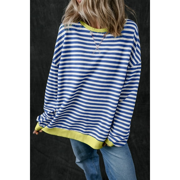 Plusashion Blue Stripe Oversized Pullover, Casual Daily Wear, Timeless Style