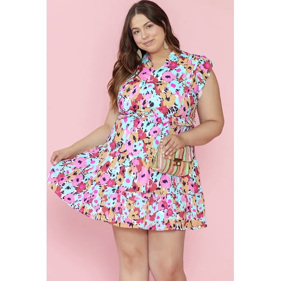 Plusashion Charming Red Floral Plus Size Mini with Ruffled Cap Sleeves