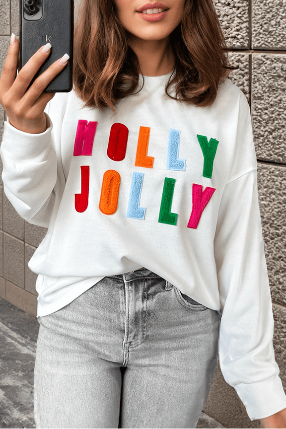 Cheerful White Chenille Top - Long Sleeves for Holiday Style