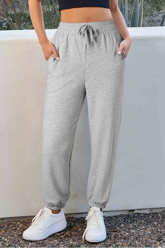 Chic Grey Fleece Joggers - Comfy High-Waist, Your Cozy Wardrobe!