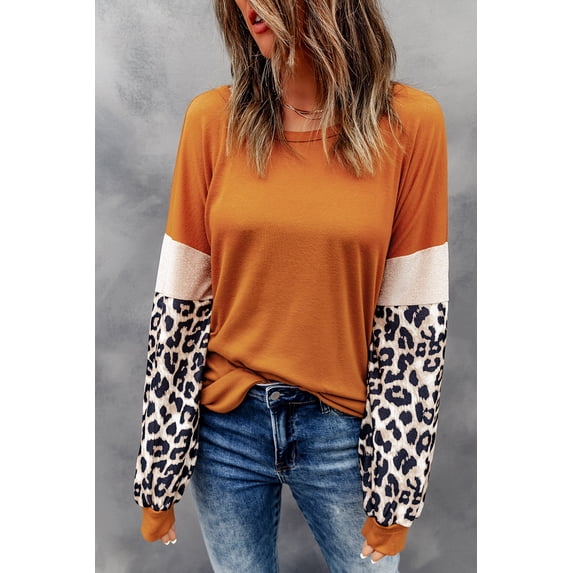 Plusashion Chic Leopard Sequin Patchwork Top - Trendy Long Sleeve V-Neck for Women