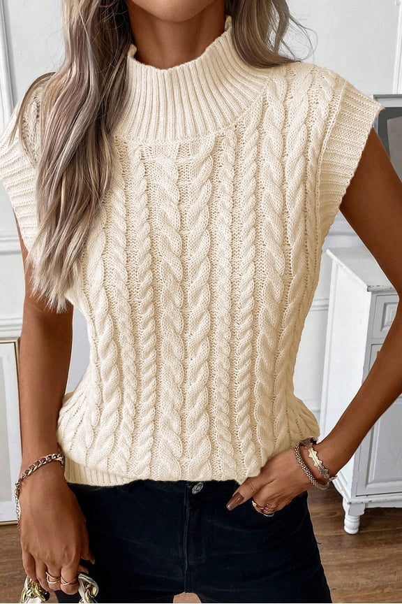 Chic Oatmeal Cable Knit High Neck Vest - Warm and Stylish
