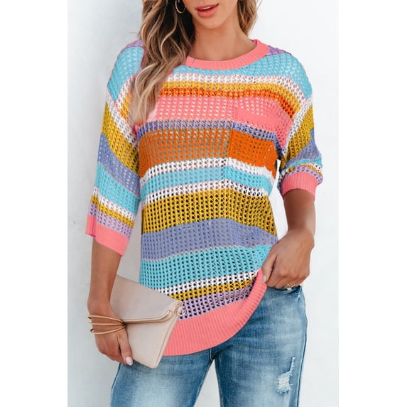 Plusashion Chic Pink Stripe Crochet Sweater - 3/4 Sleeve V-neck, Cozy & Stylish