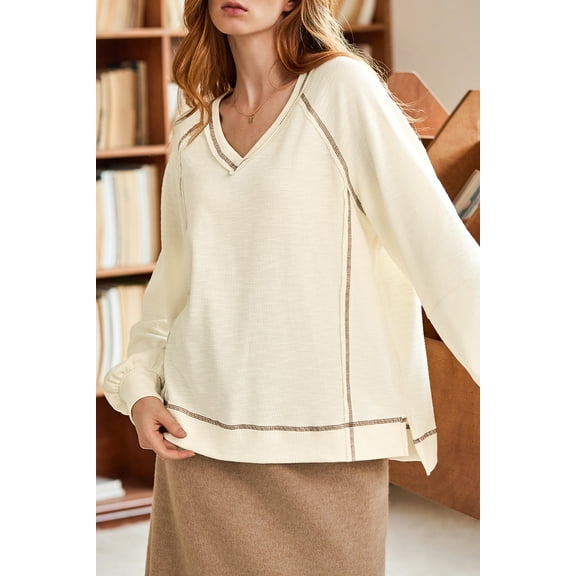 Plusashion Elegant Beige Knit V-Neck Pullover with Bubble Sleeves - Versatile Casual Top