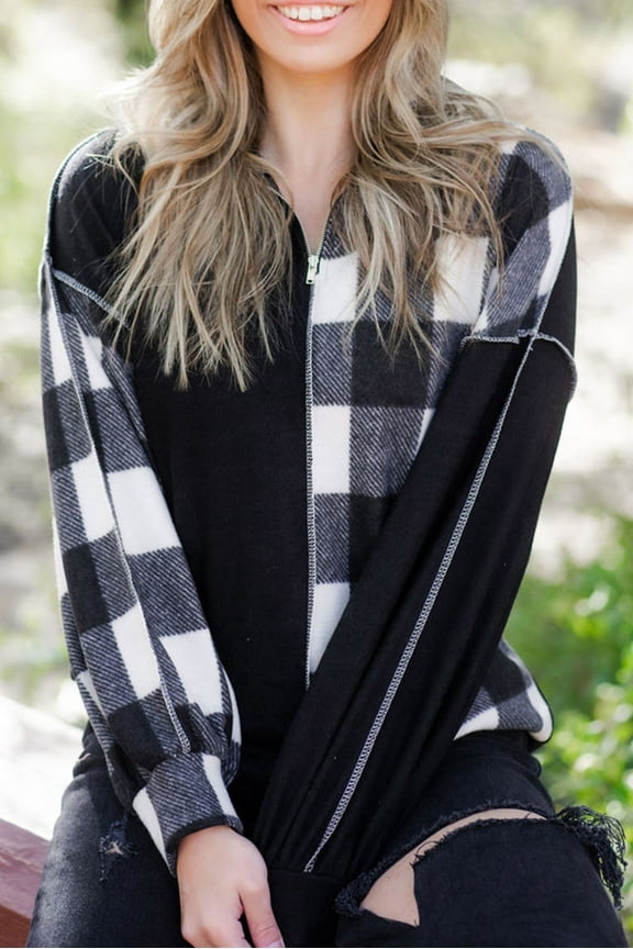 Elegant Black Checkered Collar Top | Zip Front | Vintage Patchwork Style