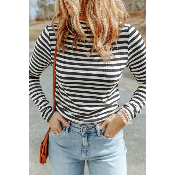 Plusashion Elegant Black Striped Knit Long Sleeve Tee - High Neck, Fashion Staple