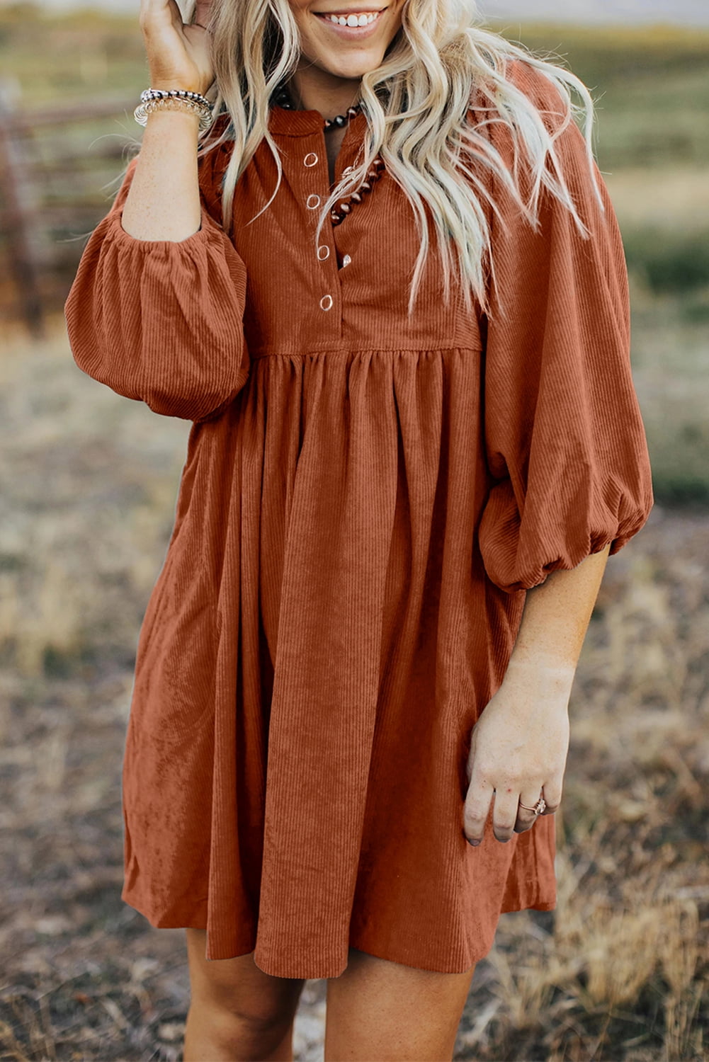 corduroy dress with high waist Plusashion Elegant Gold Corduroy Dress: High-Waist & Button Accents