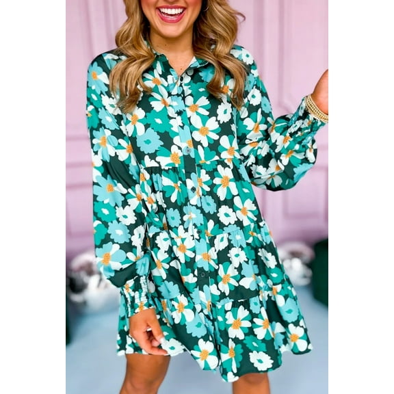 Plusashion Elegant Green Floral Tiered Dress with Puff Sleeves - Country Charm