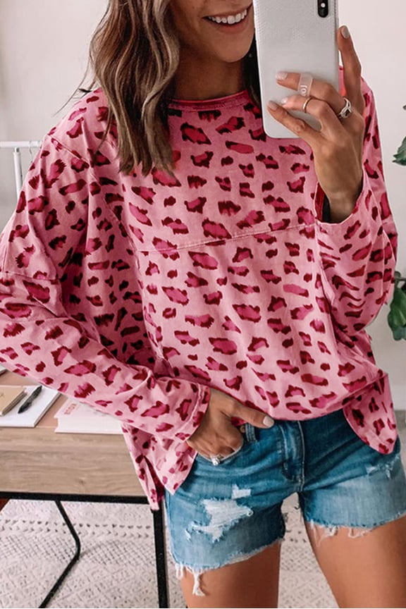 Elegant Pink Leopard Print Top - Loose, Long Sleeves, Daily Casual Chic
