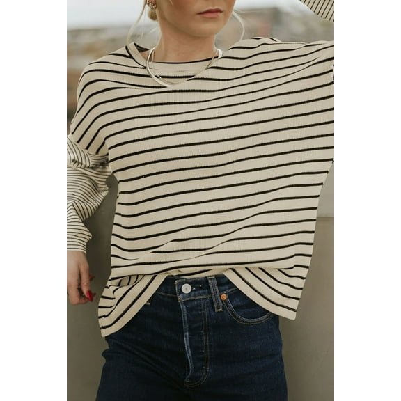 Plusashion Elegant Striped Patchwork Tee – Long Sleeves, Classic Chic