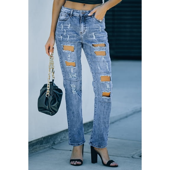 Plusashion Elevate Your Style: Sky Blue Distressed Jeans - Buttoned Pockets, Versatile Fit