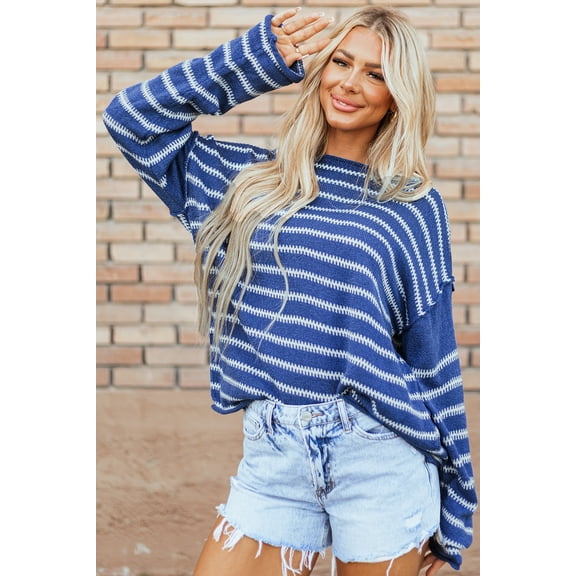 Plusashion Elevate Your Style with Sky Blue Stripe Drop Shoulder Knit Sweater - Comfort & Chic!