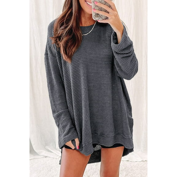 Plusashion Elevate Your Wardrobe with Stylish Gray Waffle Knit Top - oversized fit!