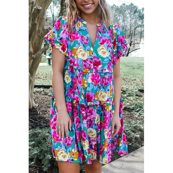 Plusashion Emerald Green Rose Floral Dress with Ruffles - A Touch of Romantic Elegance