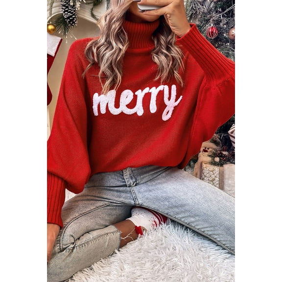 Plusashion Festive Letter Embroidered Turtleneck Sweater - Style Essential All-Year