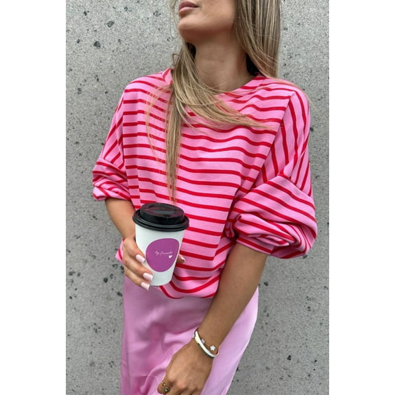 Plusashion Flirty Pink Stripes, Comfort Fit, Drop Shoulder Tee