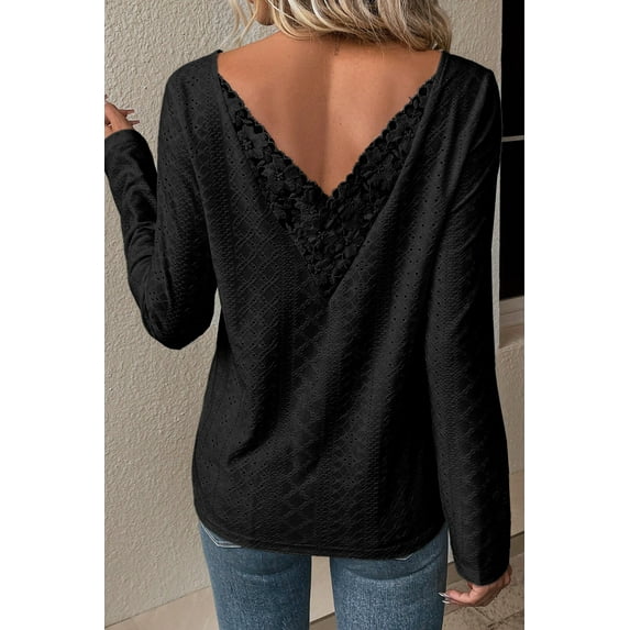 Plusashion Floral Lace V-Neck Long Sleeve Top - Sleek Shift Dress with Eyelet Detail