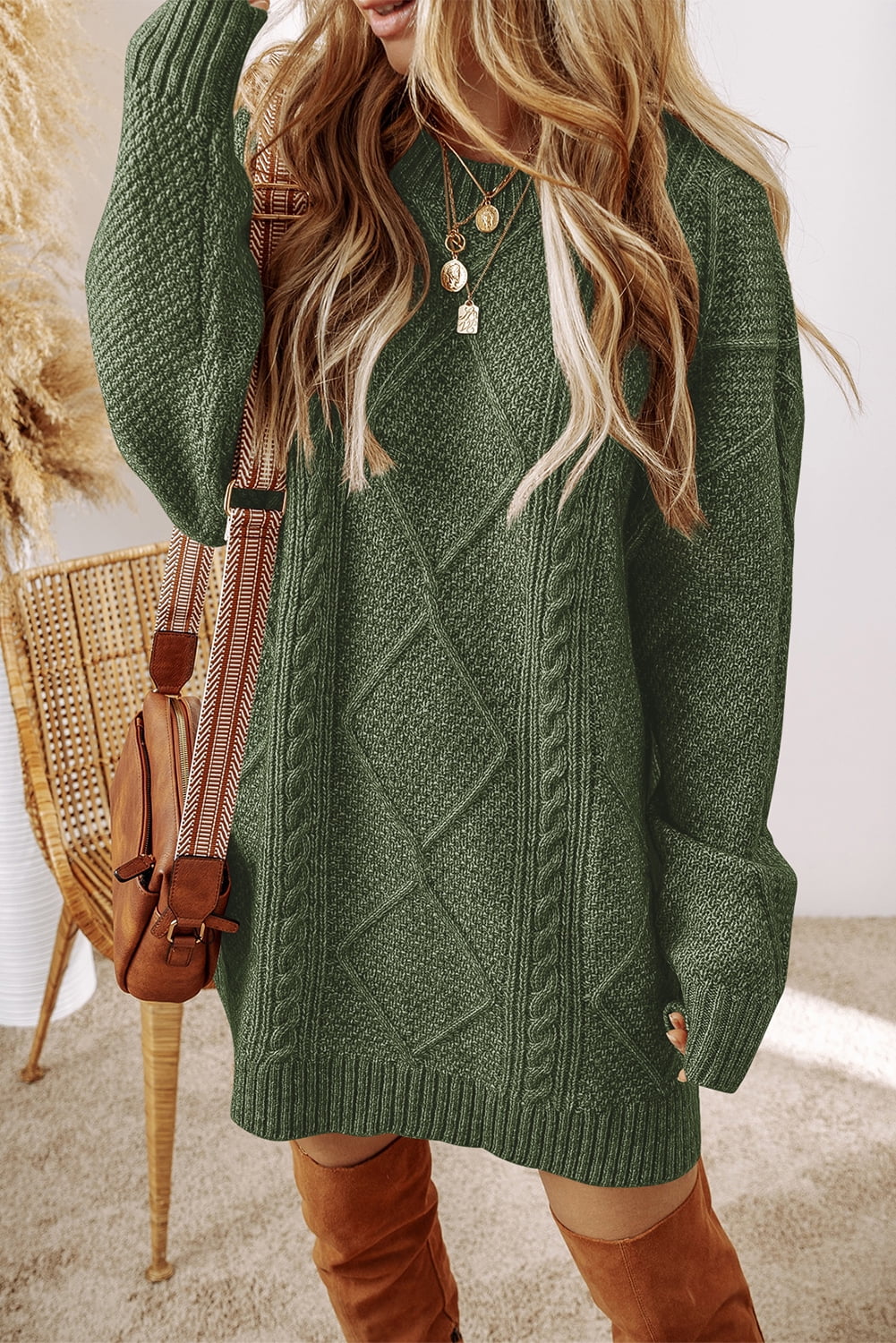 mist green dress Plusashion Cable Knit Elegance: Loose Shoulder willsalecycle