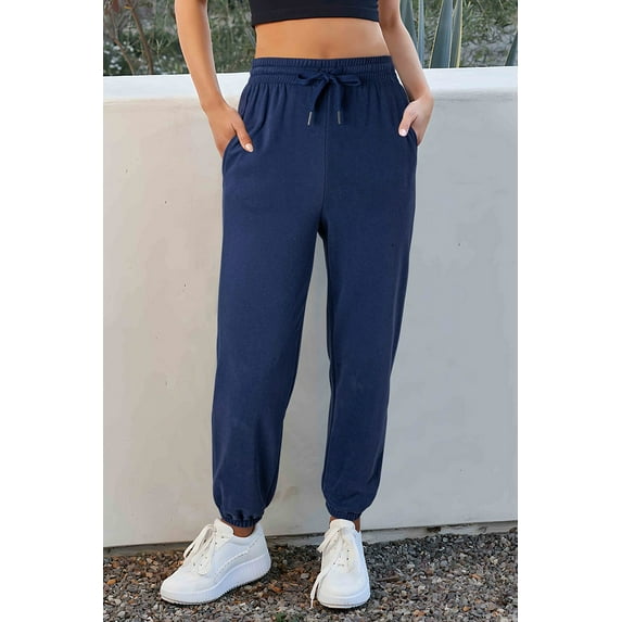 Plusashion Navy Blue Joggers - Cozy Fleece Lined, Trendy High Waist, Customizable Fit