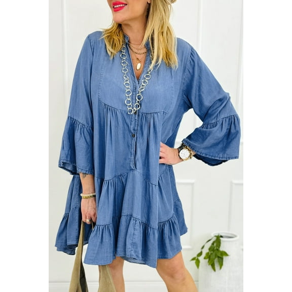 Plusashion Sky Blue Denim Layered V-Neck Minidress: Feminine Elegance