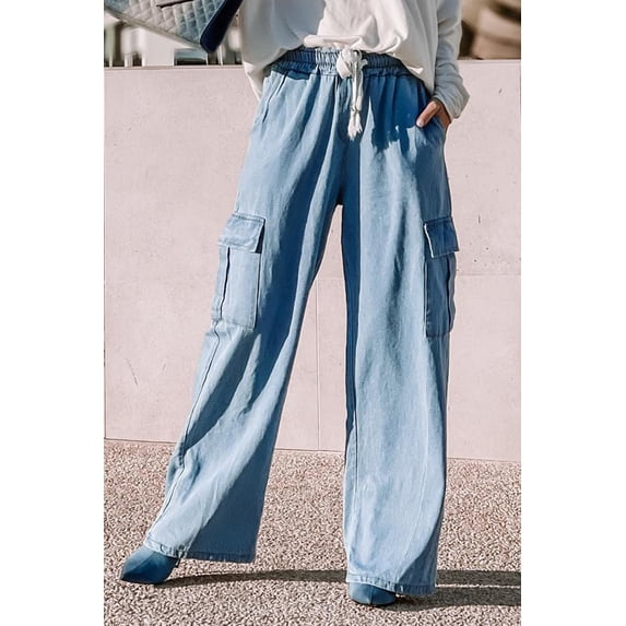 Plusashion Sky Blue High Waist Cargo Jeans - Comfortable Wide Leg Fit