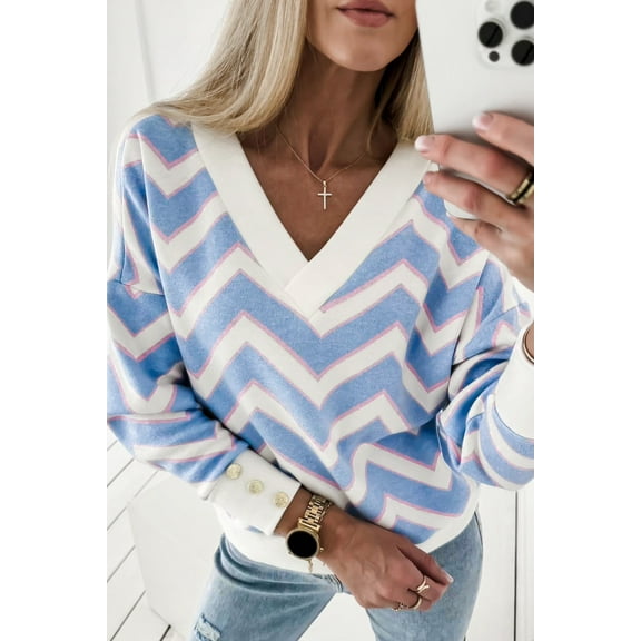 Plusashion Sky Blue Zigzag Stripe Top - Oversized Fit, Casual Chic