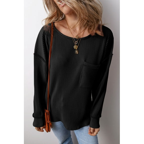Plusashion Stylish Black Long Sleeve Top with Drop Shoulder - Essential Wardrobe Must-Have!