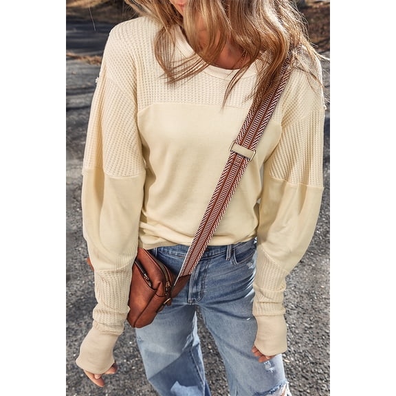 Plusashion Stylish Patchwork Knit Top - Exposed Seam Crewneck - Beige - Sizes S-XL
