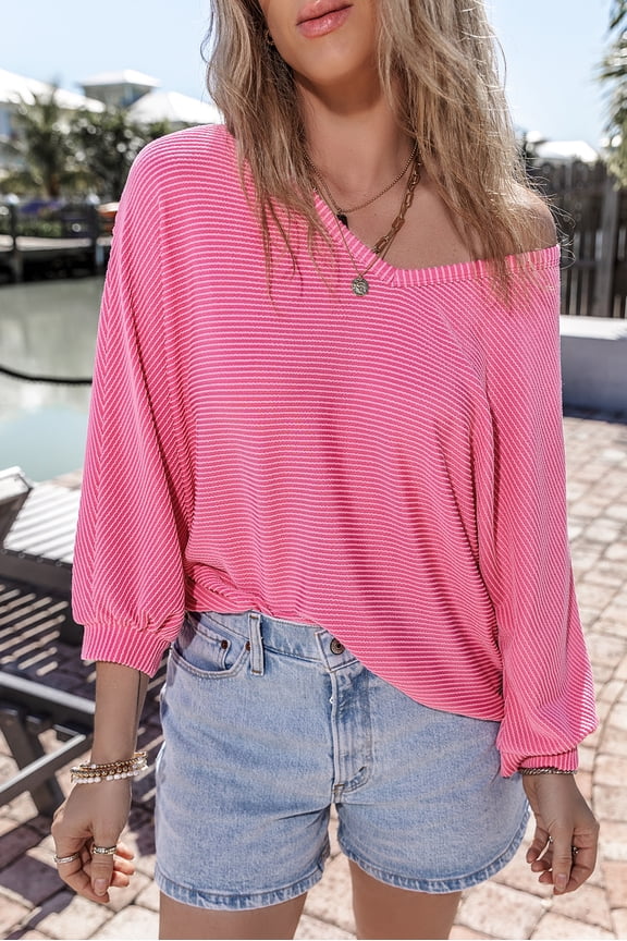 V-Neck Bracelet Sleeve Top - Timeless Striped Chic in Pink