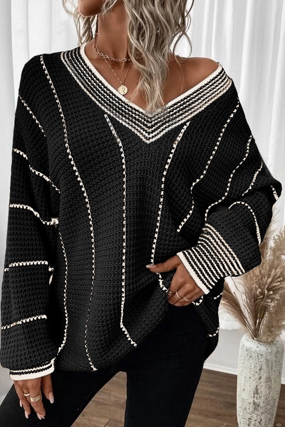 Plusashion V-Neck Colorblock Knit Sweater - Modern Chic, Black Stripes ...