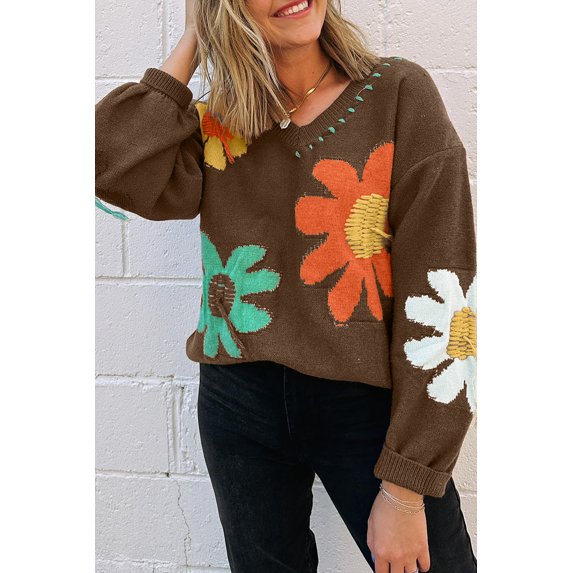 Plusashion V-Neck Floral Big Drop Shoulder Sweater - Bold Blossoms, Easy Comfort!