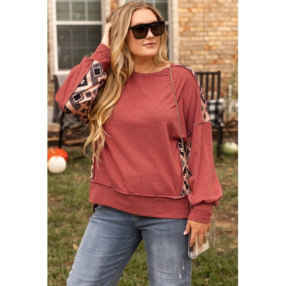 Plusashion Vibe Like a Boss! Redwood Burl Aztec Drop Shoulder Plus Size Sweatshirt - Trendy & Comfortable Fit