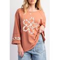 thumbnail image 1 of Plusashion Vibrant Grapefruit Floral Exposed Seam Top - Wide Sleeve Fashion Tee, 1 of 8