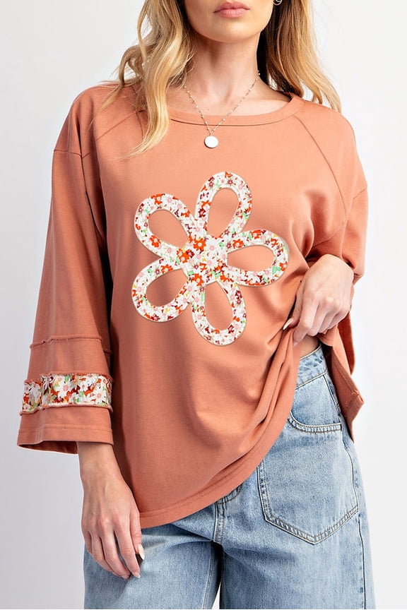 Vibrant Grapefruit Floral Wide-Sleeve Tee, Exposed Seam Fashion