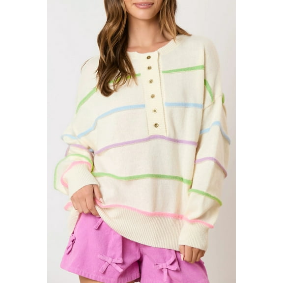 Plusashion Vibrant Rainbow Stripes Henley Sweater - Casual Drop Shoulder Fashion