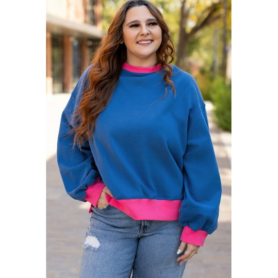 Plusashion Vibrant Sky Blue Color Block Plus Size Sweatshirt - Trendy Balloon Sleeves!