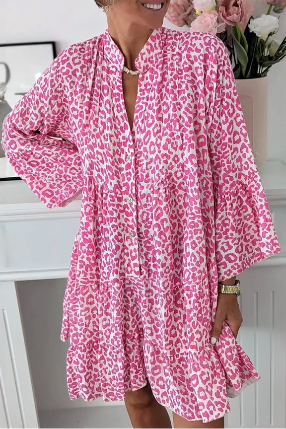 Vibrant Pink Leopard, Cozy Flowy Mini Dress - Sizes: S-3XL