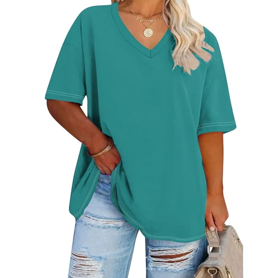Pluse Size Tops for Womens V-Neck Short Sleeve Sports Blouses Solid Summer Oversized T-shirt
