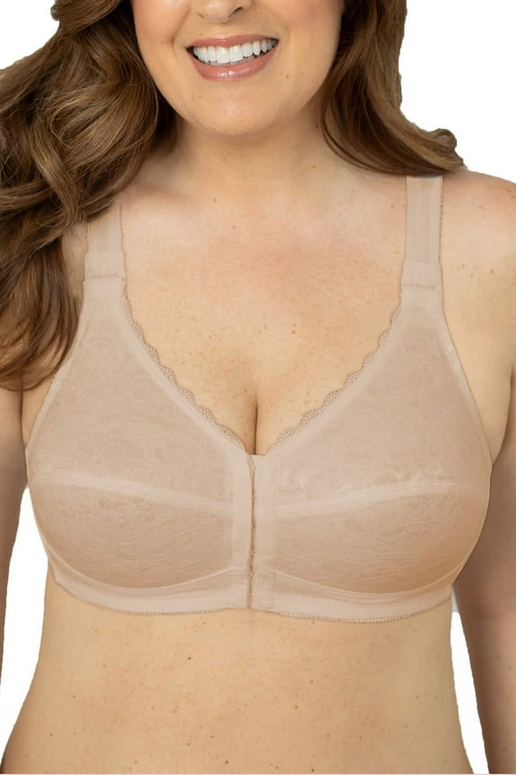 Collections Etc Full-Coverage Posture Support Wireless Lace Bra - Ultra-comfortable, Front Closure, Lined Cups, Full Side Underarm Coverage