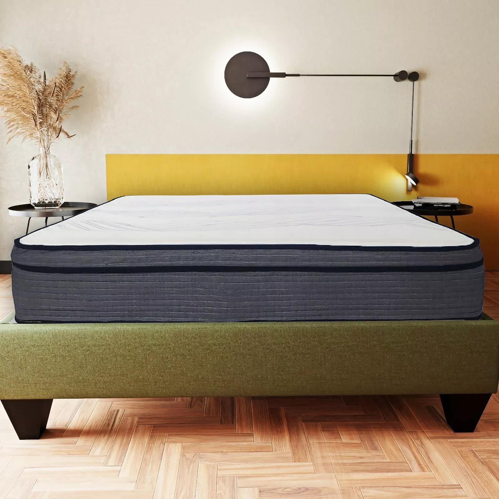 Plush 14 in. California King Pocket Coil Hybrid Mattress with Multi Layered Foam, Pressure Relief Mattress in a Box, White/Gray