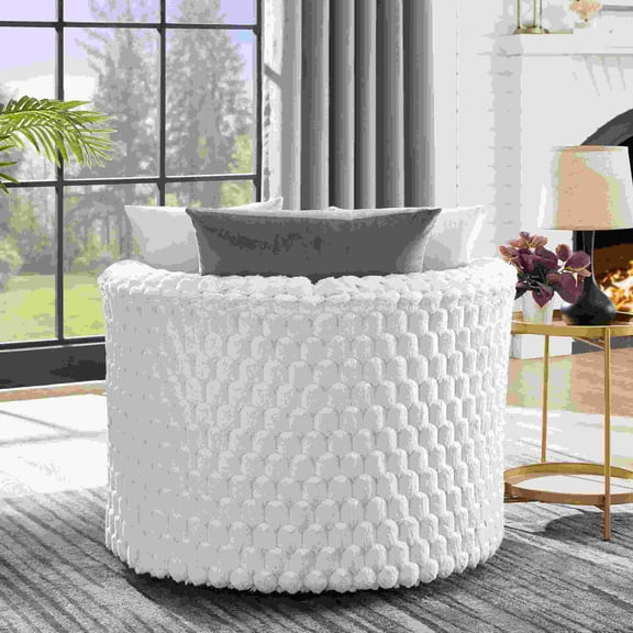 Plush 3D Honeycomb Barrel Accent Chair with Wheels for Living Room, Off-White Upholstered Comfy Seat with Pillows, 35L x 34.5W x 33H