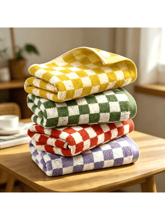 Hand Towels for Bathroom 4 Pack, Cotton Face Towels Soft Absorbent for Spa Bath Gym Kitchen, Hand Towel Set Decorative Checkered, 13 x 29 Inches, 4 Colors