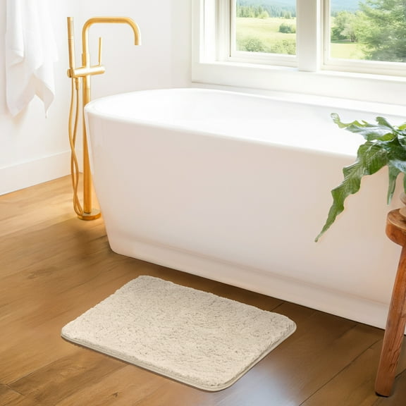 Plush Absorbent Bath Mat Rug with Anti-Skid Rubber Backing, 24 x 17, Ivory, by Noble Linens