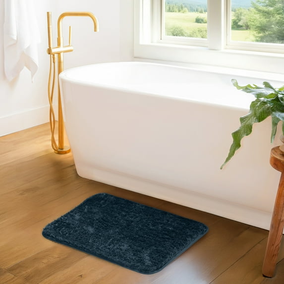 Plush Absorbent Bath Mat Rug with Anti-Skid Rubber Backing, 24 x 17, Navy, by Noble Linens